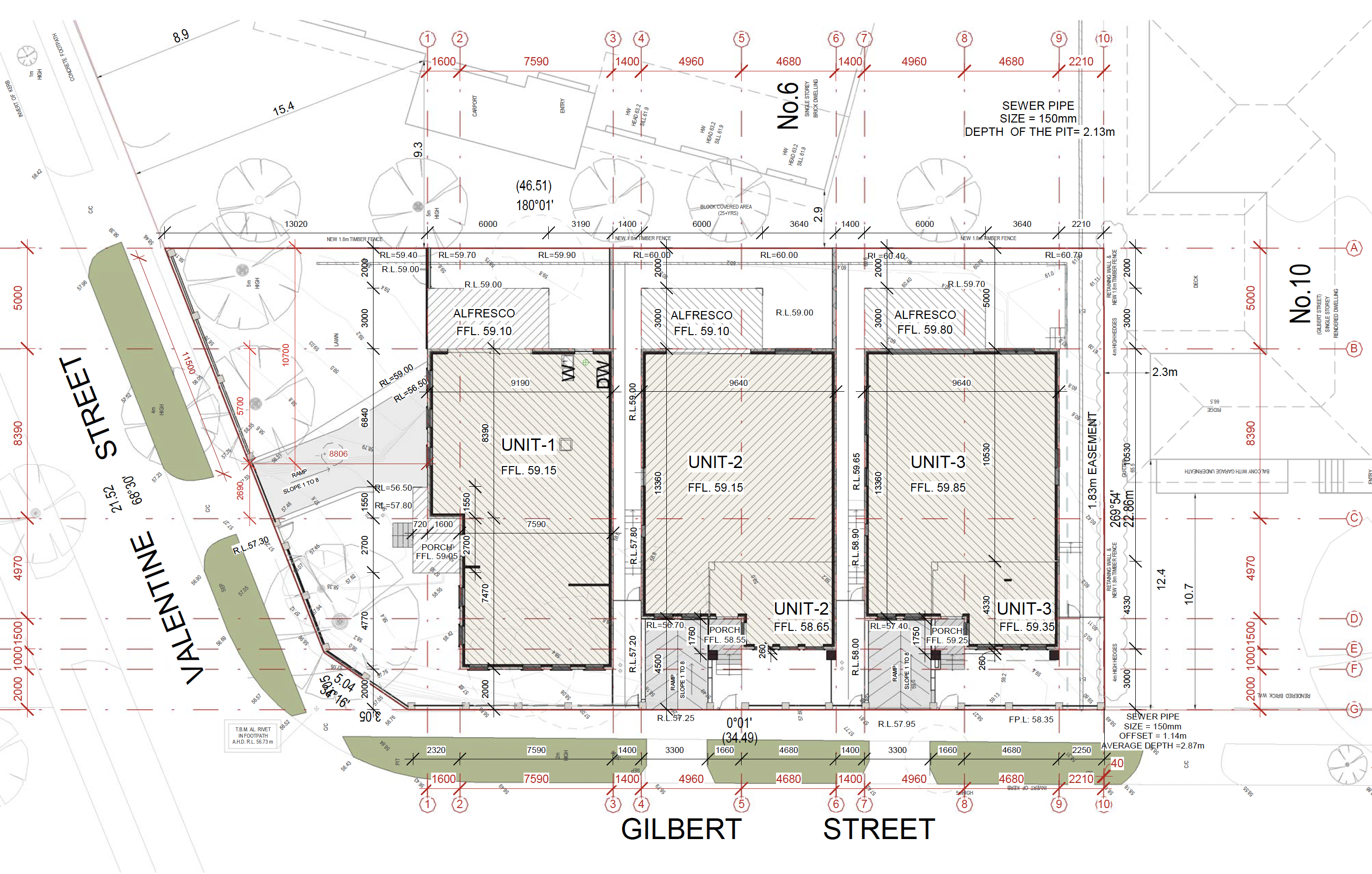 Design drawings or construction view of the same three-unit project