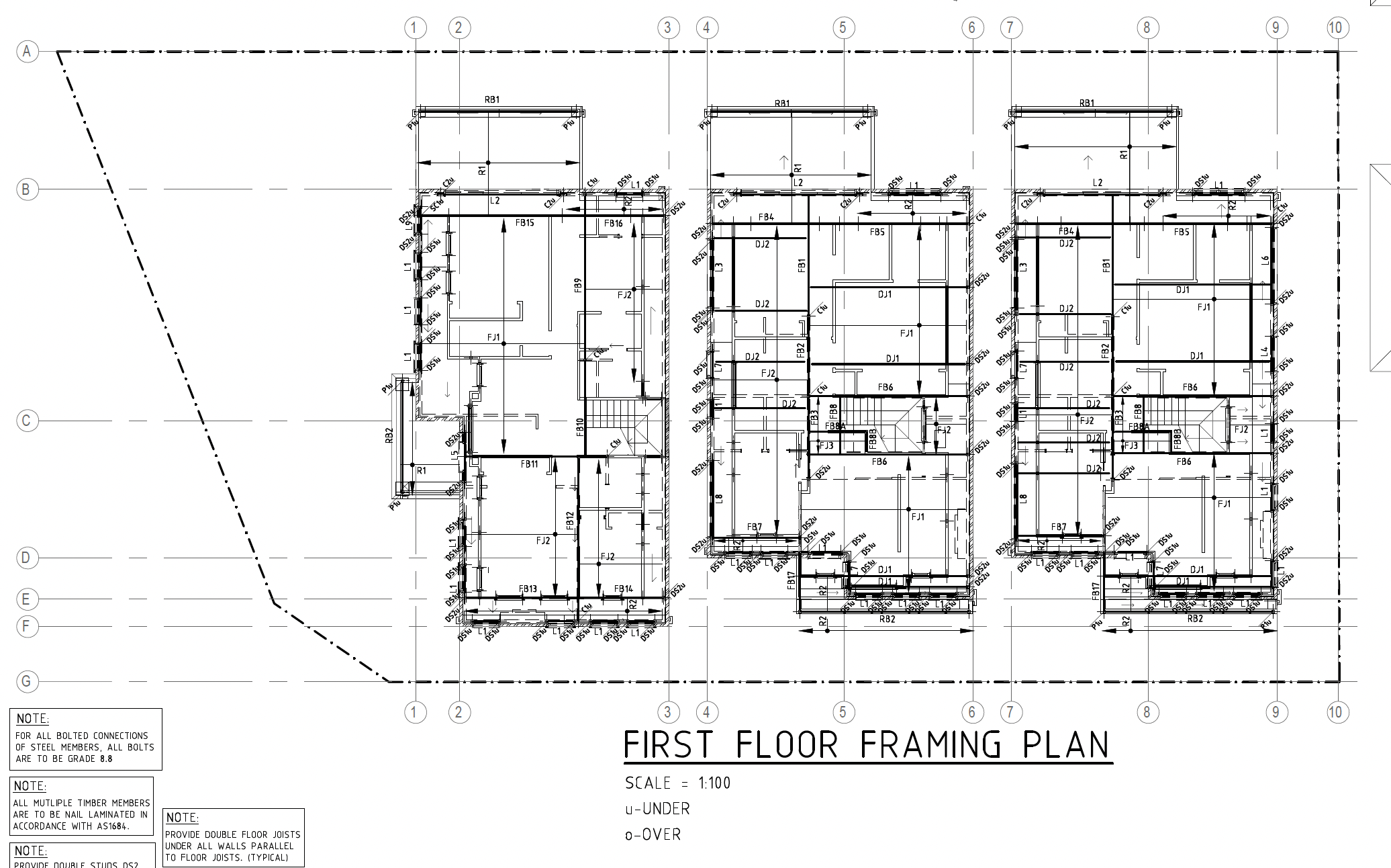 Engineering drawings or construction view of the same three-unit project